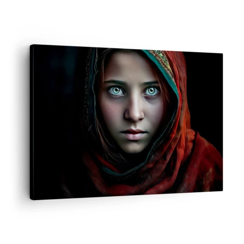 Canvastavla - Bild på duk - Porträtt av en kvinna med intensiv blick i varma färger - 70x50cm - Östlig prinsessa - Modern väggdekoration för vardagsrum och sovrum ARTTOR