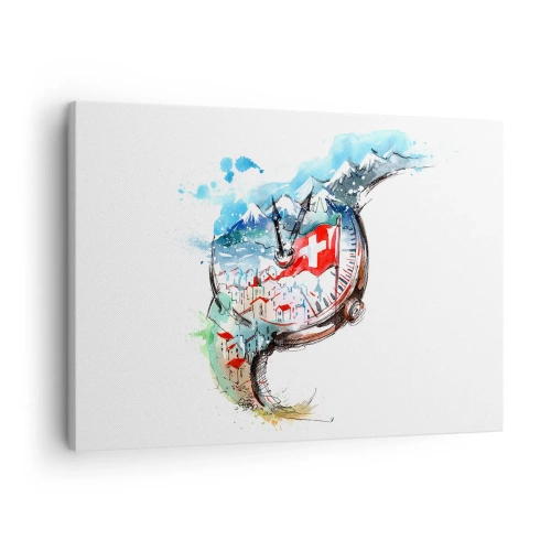 Canvastavla - Bild på duk - Ett akvarelllandskap av Schweiz i ett urverksmönster - 70x50cm - Schweiz anda - Modern väggdekoration för vardagsrum och sovrum ARTTOR
