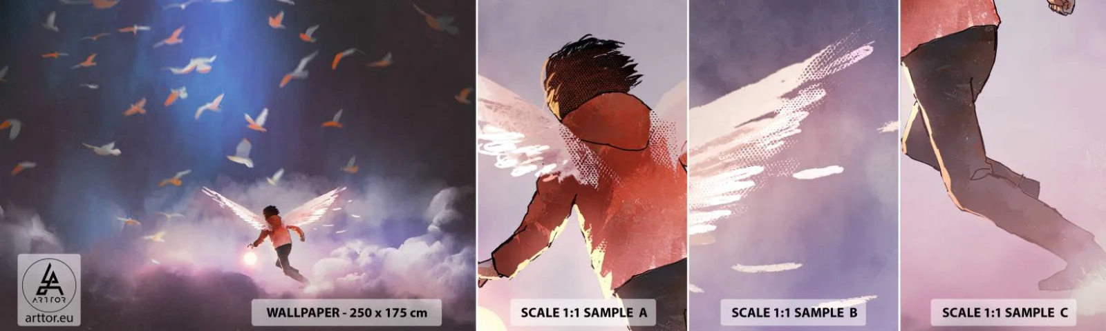 Provbit av självhäftande fototapet Deluxe Sticker - Man måste ha fantasi och mod - Abstraktion, Fantasi, Ikaros - 100x30 cm