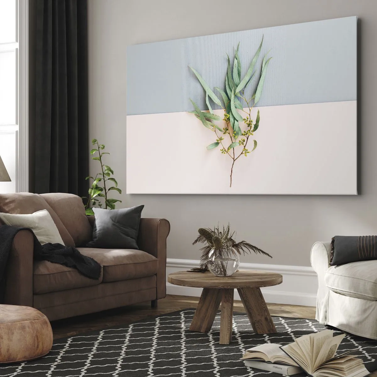 Canvastavla - Bild på duk - En gren med löv mot en bakgrund av pastellfärger - 70x50cm - Pastellens subtilitet - Modern väggdekoration för vardagsrum och sovrum ARTTOR