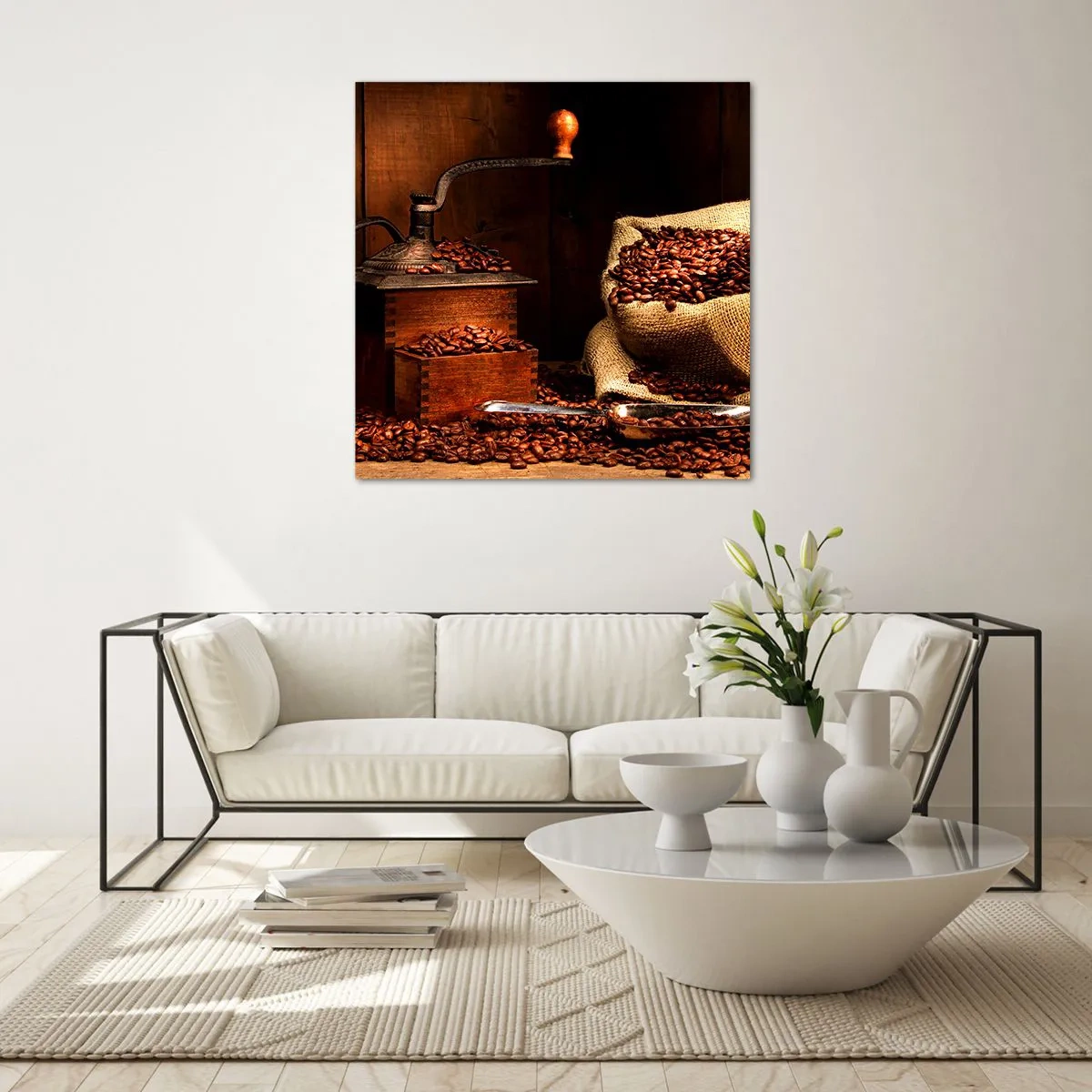 Glastavla - Bild på glas - Stilleben med kaffebönor och kvarn - 60x60 cm