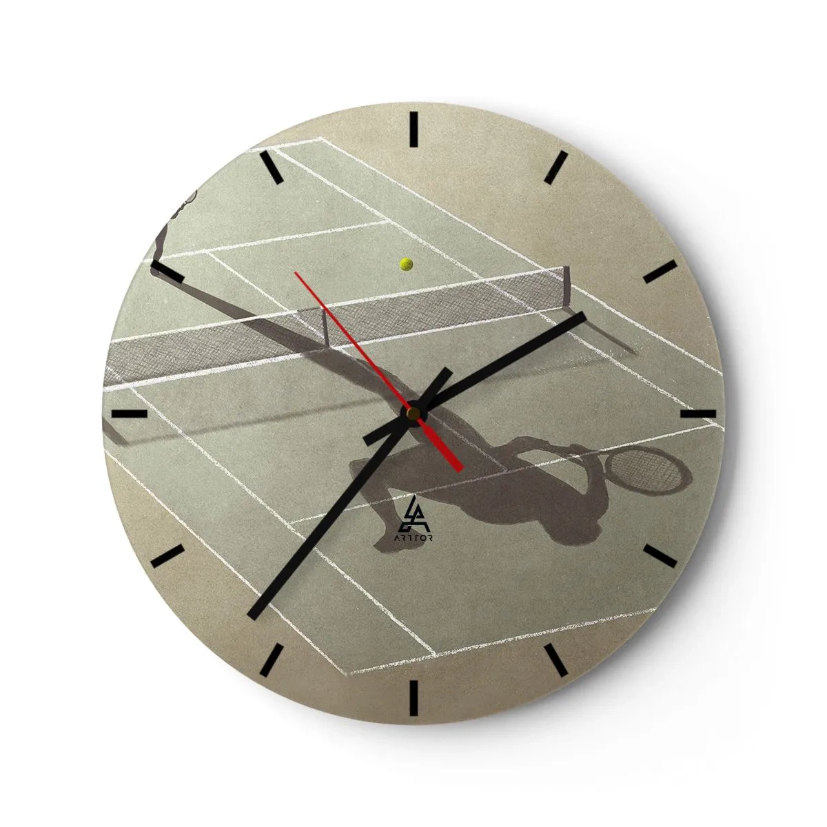 Väggklocka - Klocka på glas - En minimalistisk silhuett av en tennisspelare på banan - 30x30cm - Övervinna sig själv - Modern väggdekoration för vardagsrum, kök och sovrum ARTTOR