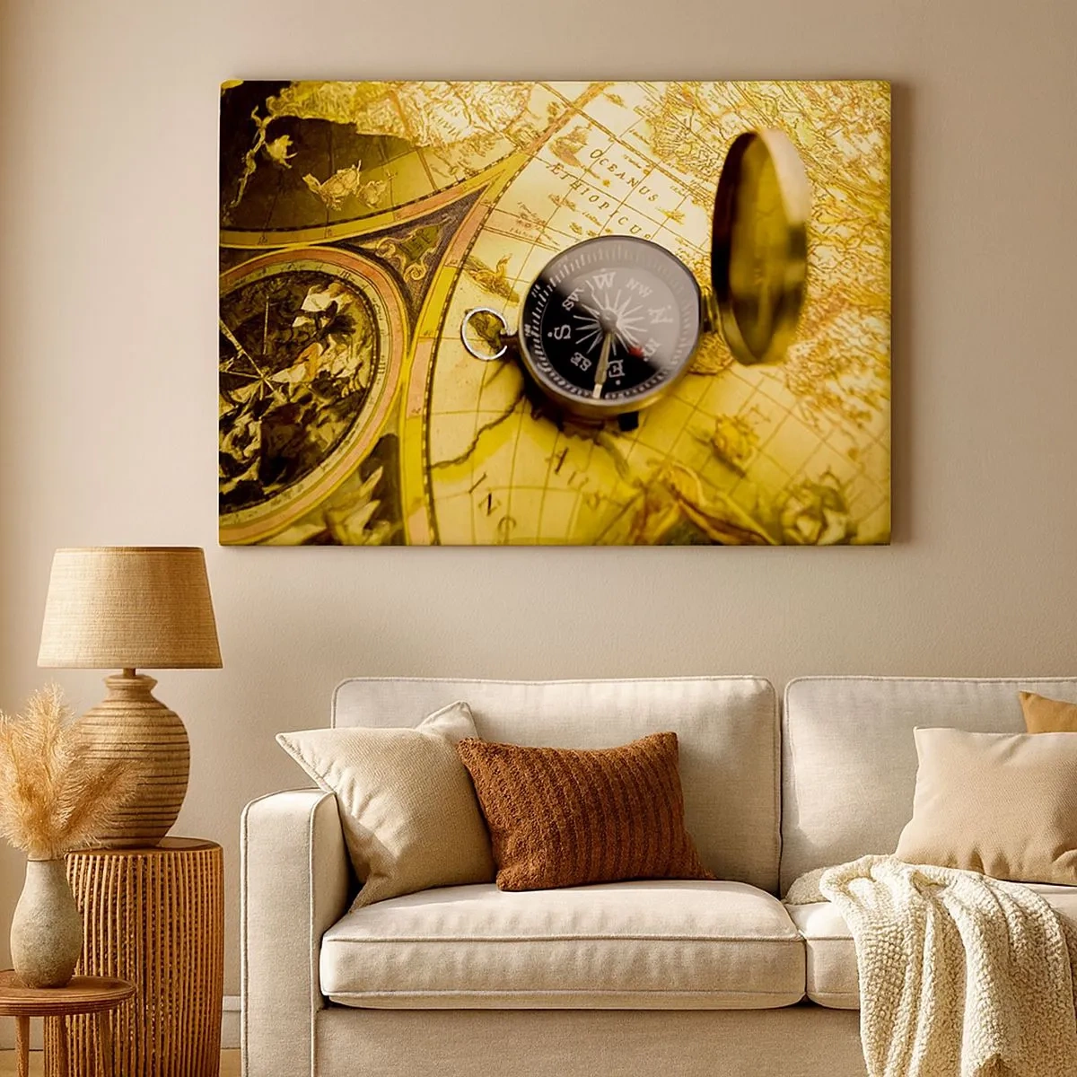 Canvastavla - Bild på duk - En antik kompass mot bakgrunden av en gammal världskarta - 70x50cm - Kanske till världens ände? - Modern väggdekoration för vardagsrum och sovrum ARTTOR