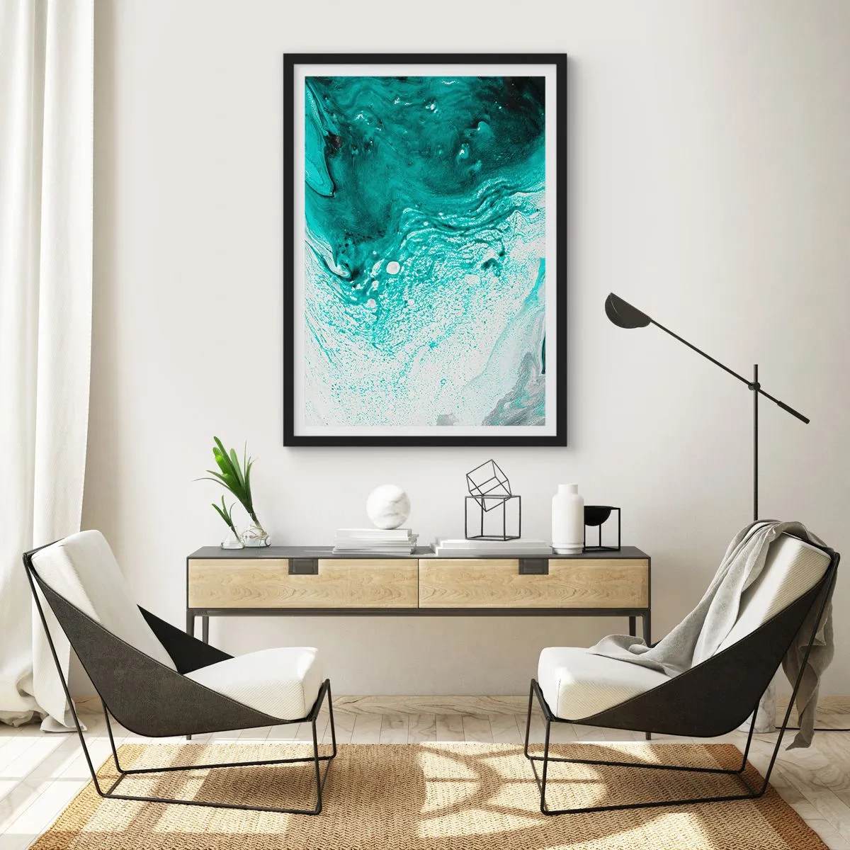 Affisch i svart ram - Smälta sig in i vitt och turkos - 40x50 cm