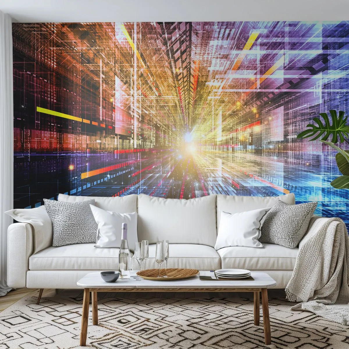 Fototapet Standard Eco - En abstrakt vision av ett futuristiskt digitalt utrymme - 100x70cm - Ljuskorridor - Modern väggdekoration för vardagsrum och sovrum ARTTOR