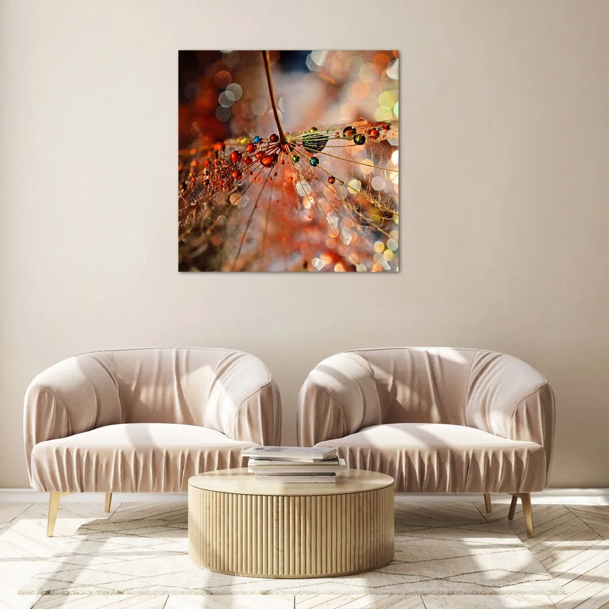 Glastavla - Bild på glas - Trädda på spindelnät - 40x40 cm