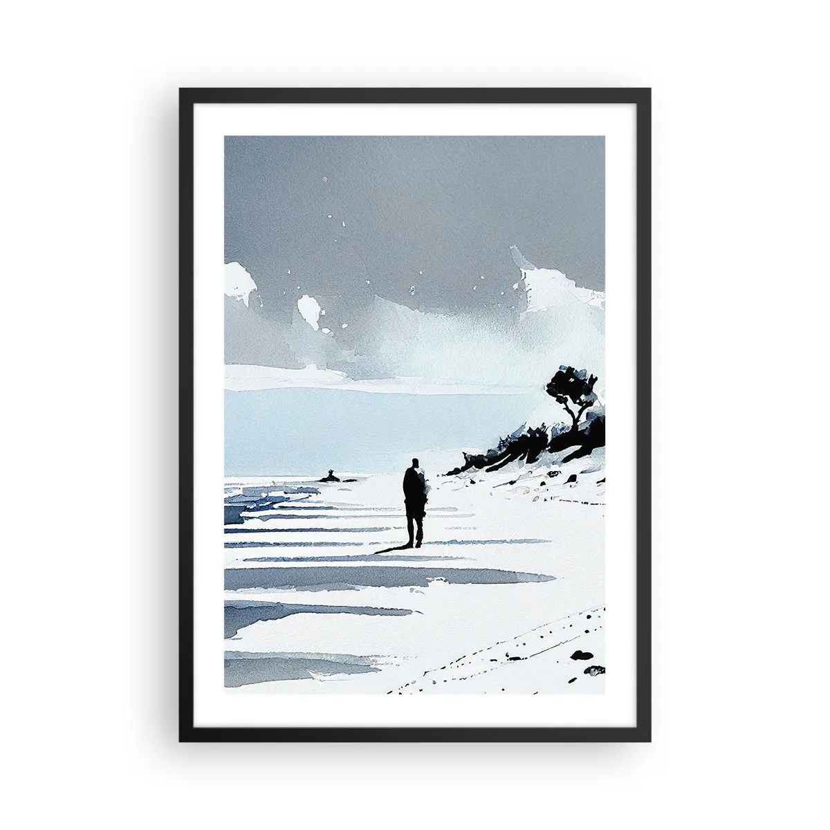 Affisch i svart ram - En ensam figur på stranden i akvarelltoner - 50x70cm - Ensam - Modern väggdekoration för vardagsrum och sovrum ARTTOR