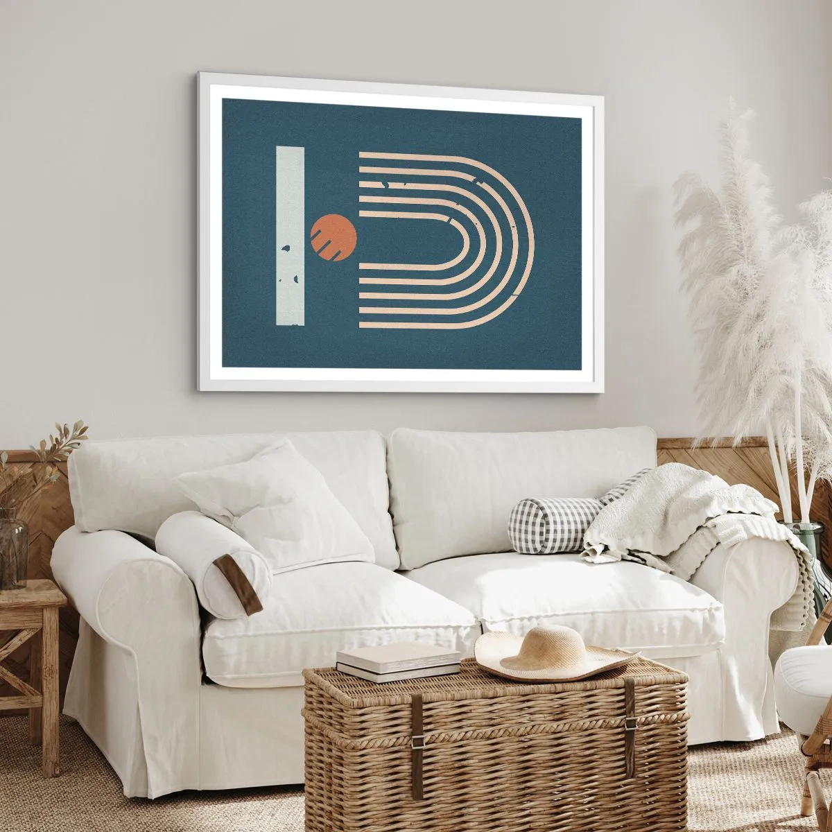 Affisch i vit ram - Geometri mot mörkblå bakgrund - 50x40 cm