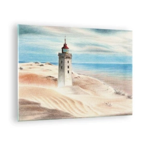 Glastavla - Bild på glas - En fyr på en ökendyn vid ett lugnt hav - 70x50cm - Tittar alltid i havet - Modern väggdekoration för vardagsrum och sovrum ARTTOR