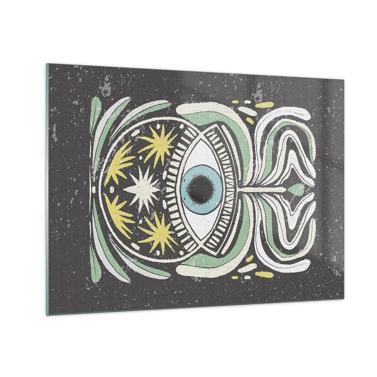 Glastavla - Bild på glas - Grafiskt öga med tribal ornamentik på en mörk bakgrund - 70x50cm - Stamritualer - Modern väggdekoration för vardagsrum och sovrum ARTTOR
