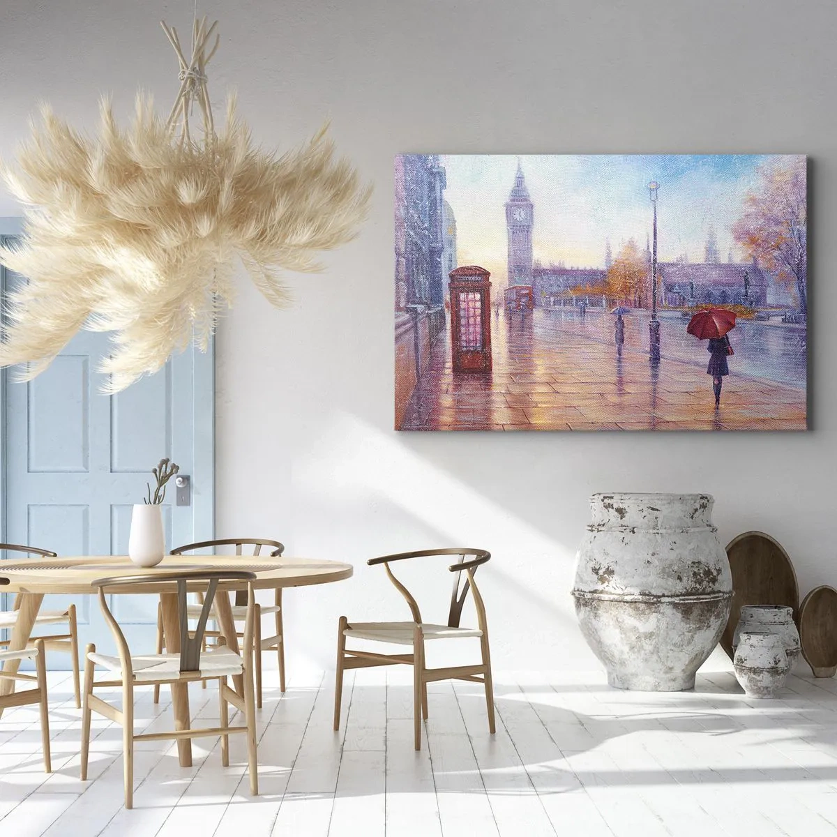 Canvastavla - Bild på duk - Londongatan med Big Ben på en regnig dag - 70x50cm - Höstdag i London - Modern väggdekoration för vardagsrum och sovrum ARTTOR