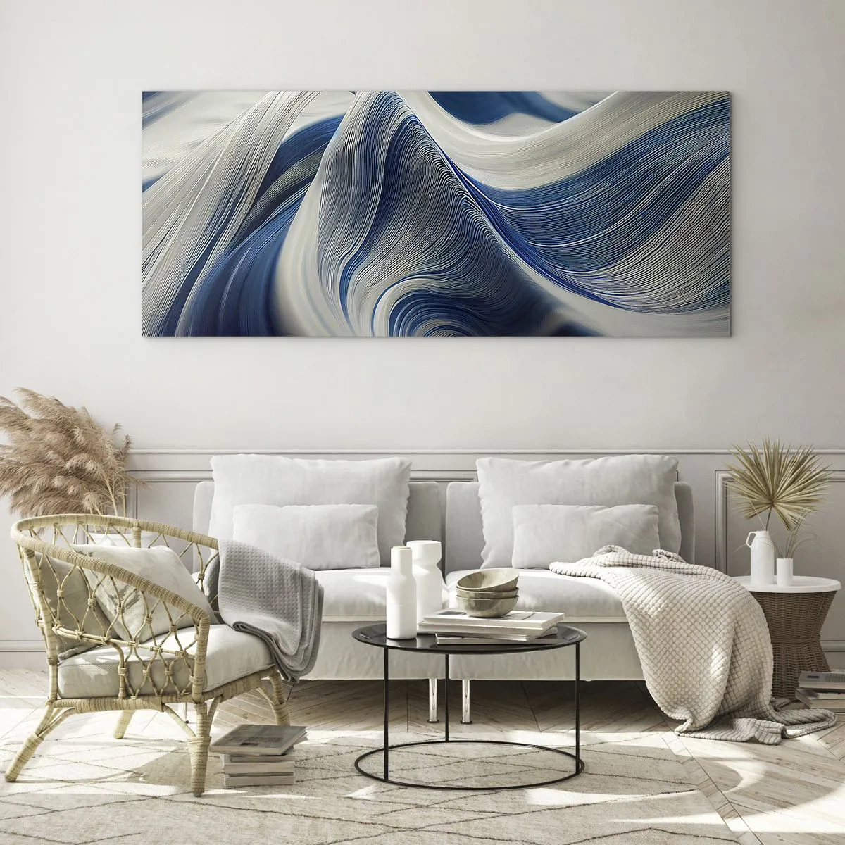 Glastavla - Bild på glas - Flöde av blått och vitt - 140x50 cm