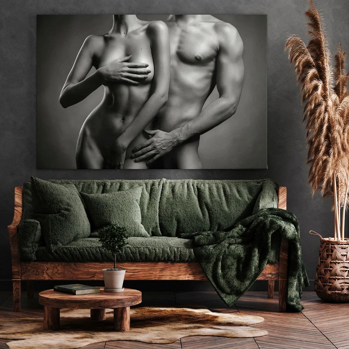 Canvastavla - Bild på duk - Svartvit representation av kvinnliga och manliga kroppar i en konstnärlig pose - 70x50cm - Adam och Eva - Modern väggdekoration för vardagsrum och sovrum ARTTOR