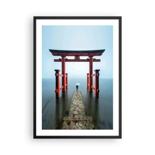 Affisch i svart ram - Röda torii mot bakgrund av lugnt vatten och himmel - 50x70cm - Japansk begrundan - Modern väggdekoration för vardagsrum och sovrum ARTTOR