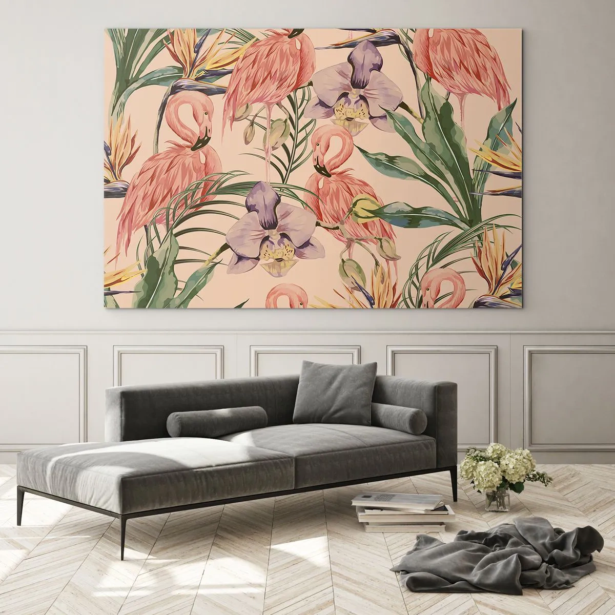 Glastavla - Bild på glas - Flamingos omgivna av tropiska blommor och växter - 70x50cm - Rosa balett i blommor - Modern väggdekoration för vardagsrum och sovrum ARTTOR