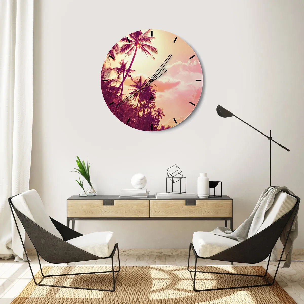 Väggklocka - Klocka på glas - Palmer mot himlen vid solnedgången - 30x30cm - Du måste välja - Modern väggdekoration för vardagsrum, kök och sovrum ARTTOR