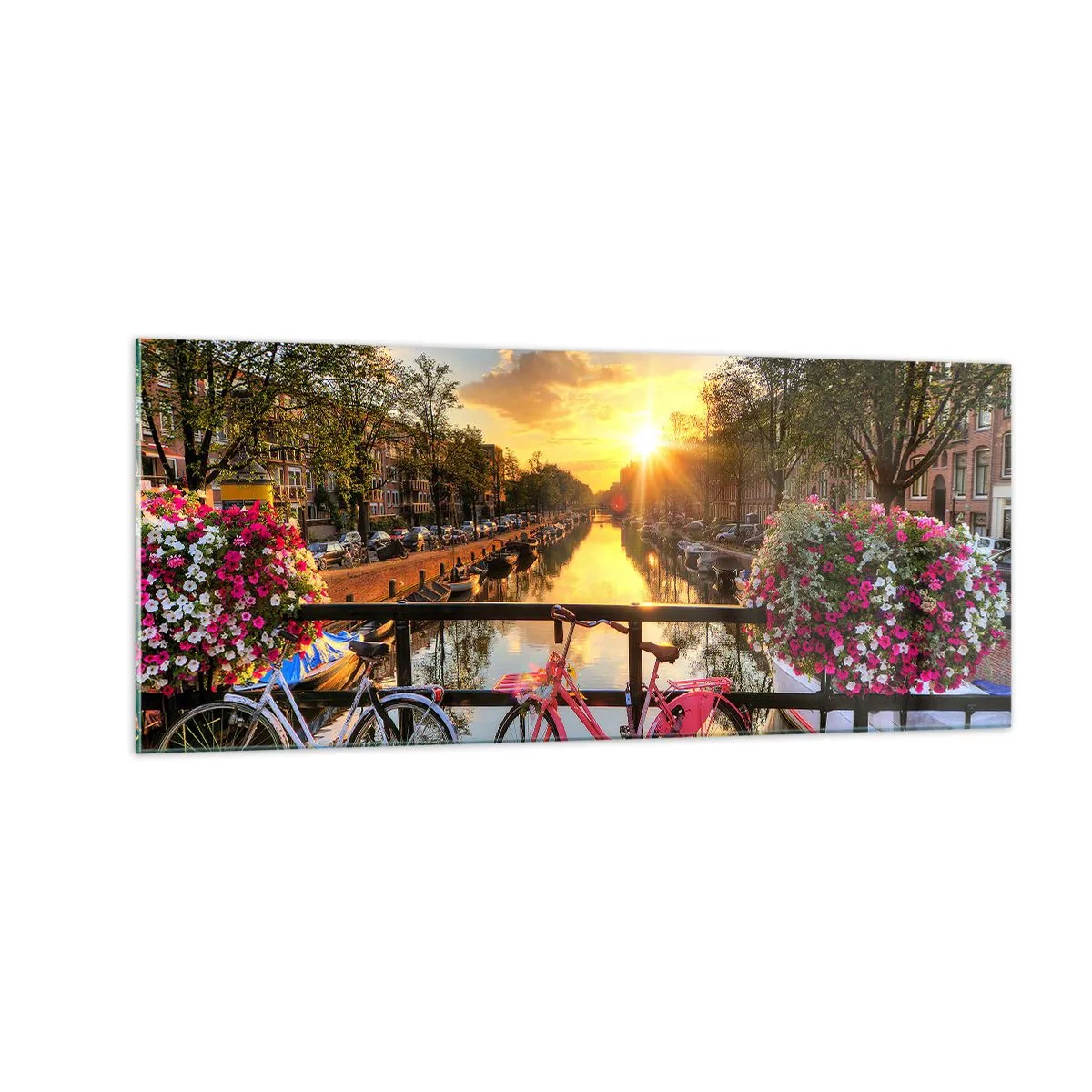Glastavla - Bild på glas - Vårmorgon i Amsterdam - 100x40 cm