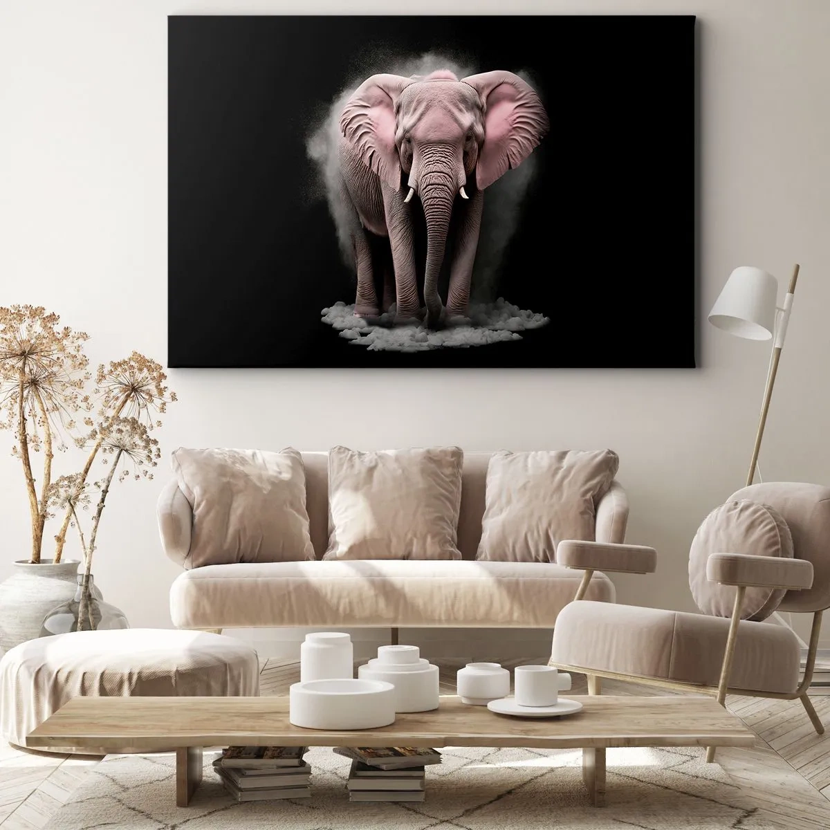 Canvastavla - Bild på duk - En konstnärlig tolkning av en rosa elefant mot svart bakgrund - 70x50cm - Tänk inte på en rosa elefant! - Modern väggdekoration för vardagsrum och sovrum ARTTOR
