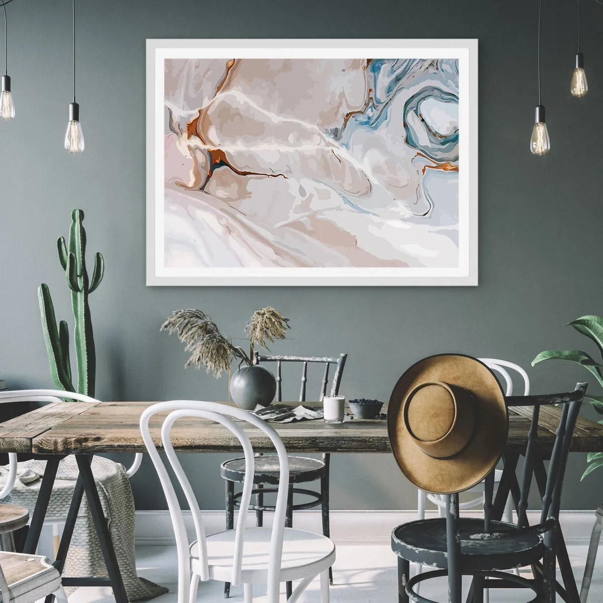 Affisch i vit ram - Blåa meanderlopp under vithet - 100x70 cm