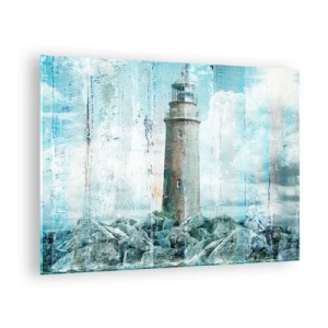 Glastavla - Bild på glas - Vintage fyr med moln i bakgrunden - 70x50cm - På gammalt trä - Modern väggdekoration för vardagsrum och sovrum ARTTOR