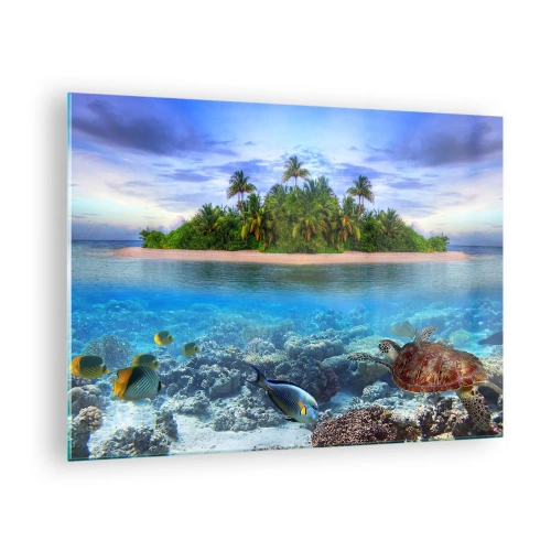 Glastavla - Bild på glas - En tropisk ö med korallrev och marint liv - 70x50cm - Himmelska ön hälsar välkommen - Modern väggdekoration för vardagsrum och sovrum ARTTOR