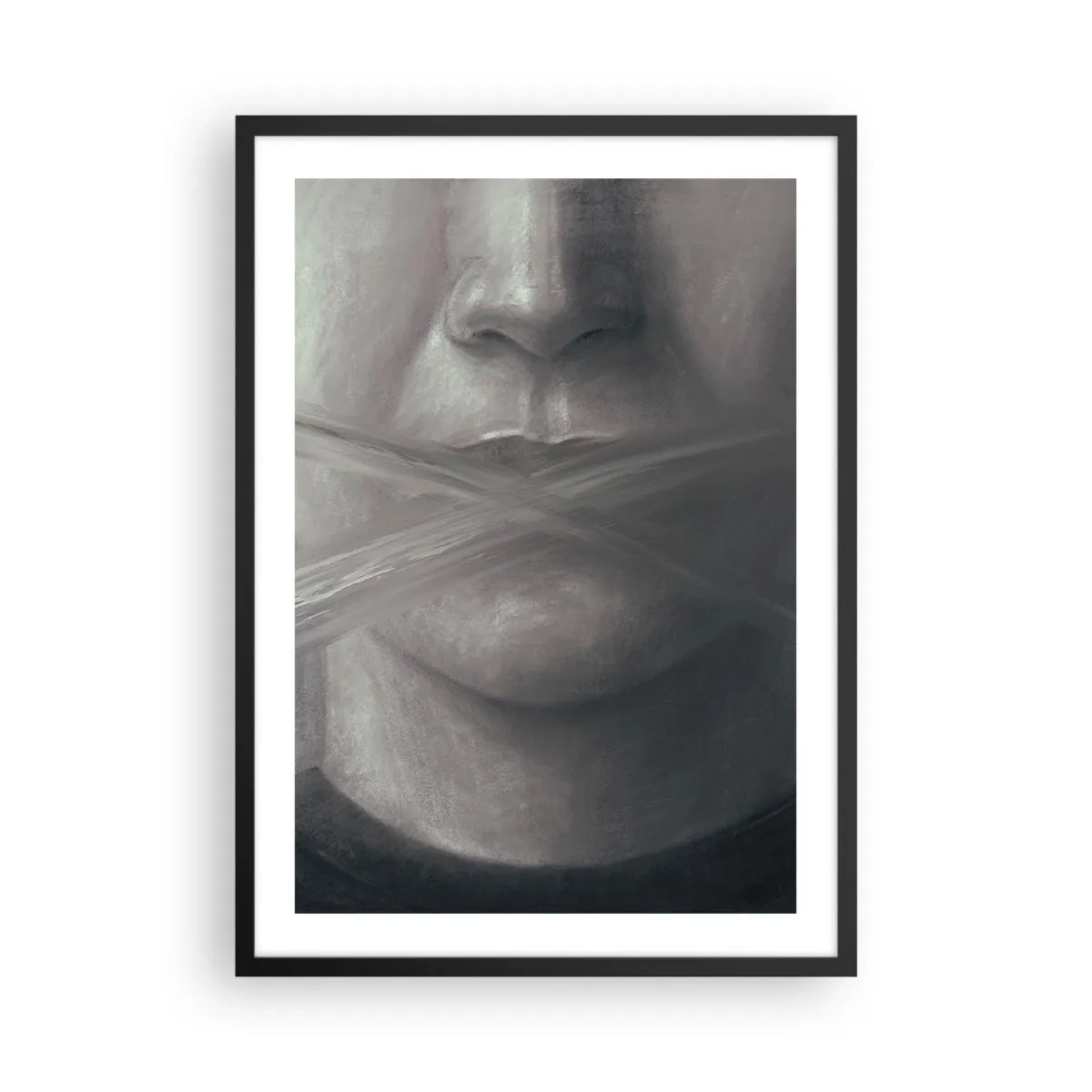 Affisch i svart ram - Ett symboliskt ansikte med täckt mun i monokromatiska färger. - 50x70cm - Inte ett ord - Modern väggdekoration för vardagsrum och sovrum ARTTOR