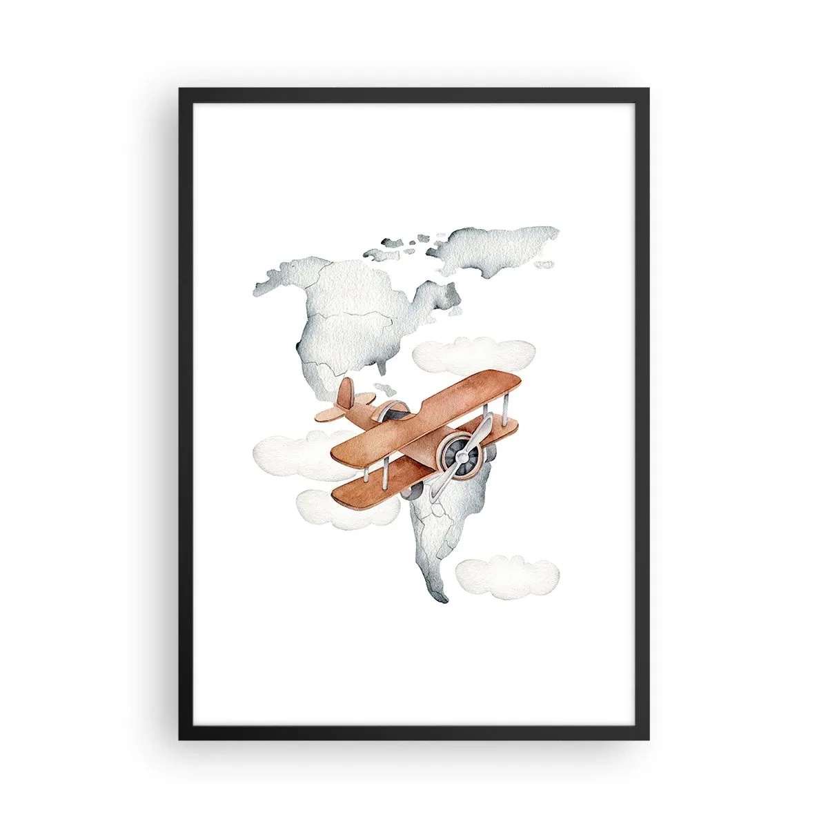 Affisch i svart ram - Ett biplan över en världskarta i molnen - 50x70cm - I den banbrytande andan - Modern väggdekoration för vardagsrum och sovrum ARTTOR