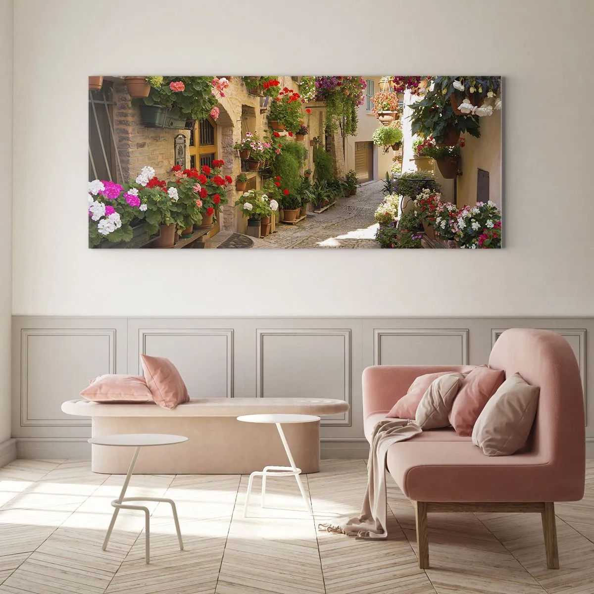 Glastavla - Bild på glas - I blommornas flod - 100x40 cm