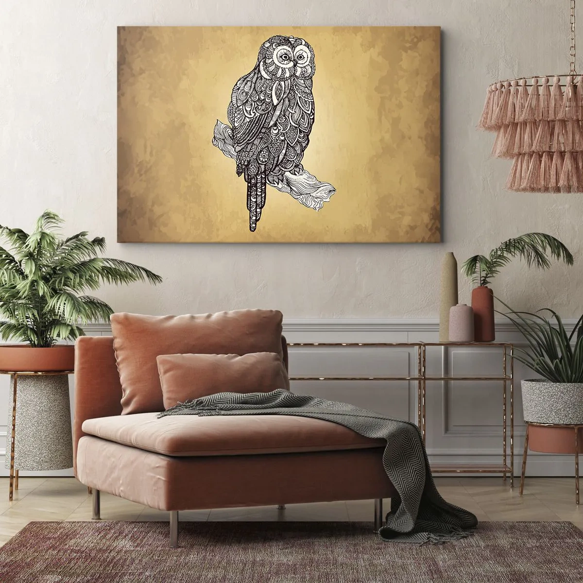 Canvastavla - Bild på duk - En uggla i dekorativ stil mot beige bakgrund - 70x50cm - Invecklade ornament av visdom - Modern väggdekoration för vardagsrum och sovrum ARTTOR