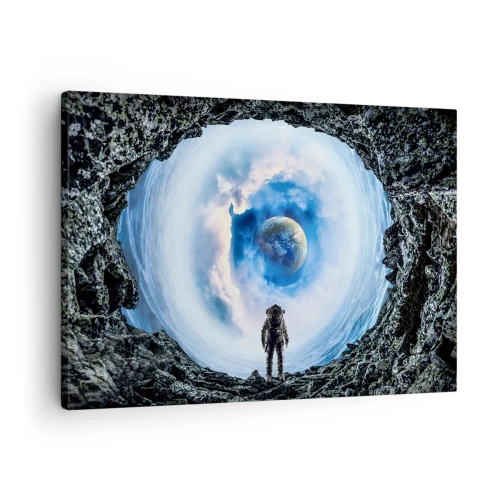 Canvastavla - Bild på duk - Astronaut mot ett rymdlandskap med jorden i bakgrunden - 70x50cm - Det är inte långt kvar hem - Modern väggdekoration för vardagsrum och sovrum ARTTOR