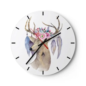 Väggklocka - Klocka på glas - Konstnärlig teckning av en hjort med blommor på hornen och fjädrarna - 30x30cm - Själguide - delikat, oskyldig - Modern väggdekoration för vardagsrum, kök och sovrum ARTTOR