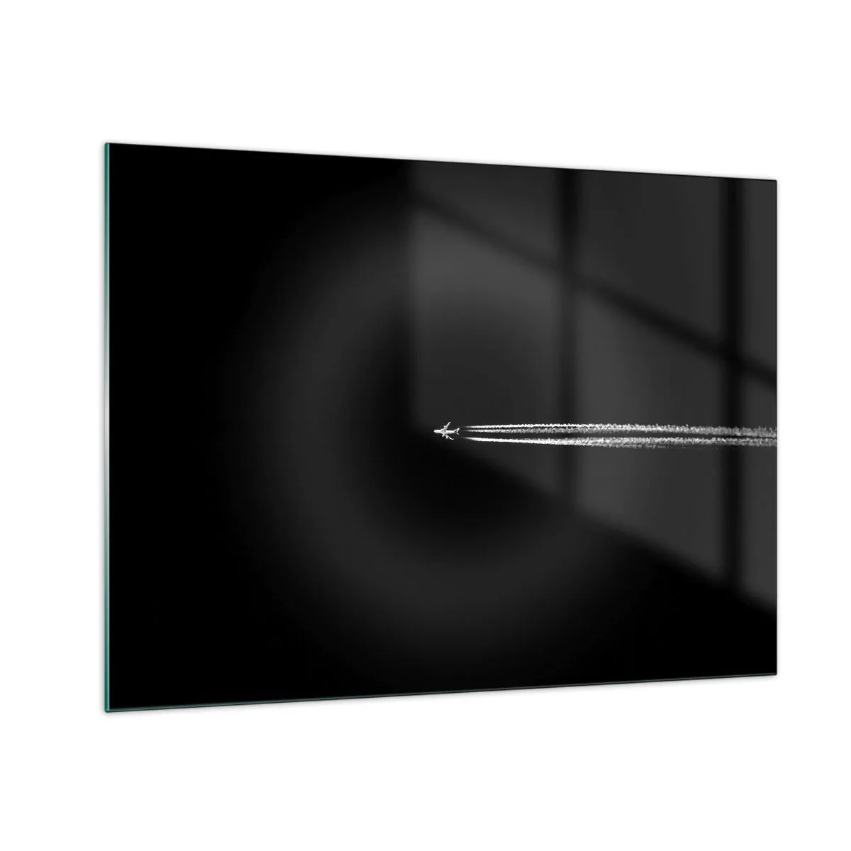 Glastavla - Bild på glas - Ett jetplan på svart bakgrund med en kondensstrimma - 70x50cm - I en annan dimension - Modern väggdekoration för vardagsrum och sovrum ARTTOR