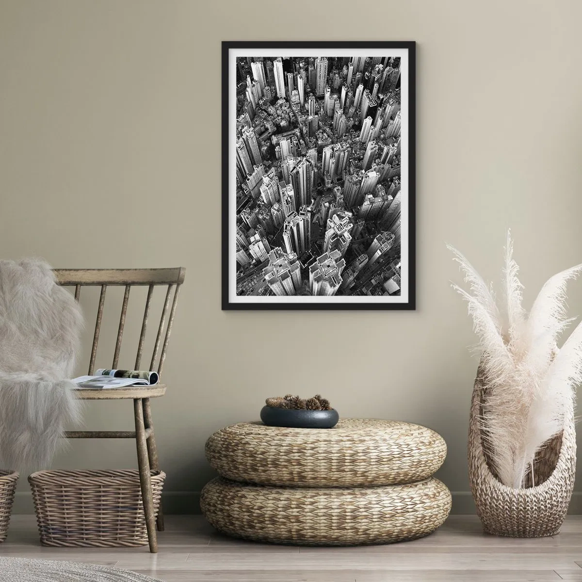 Affisch i svart ram - Flygfoto över stadens skyskrapor i svartvitt - 50x70cm - Hela tiden högre och högre - Modern väggdekoration för vardagsrum och sovrum ARTTOR