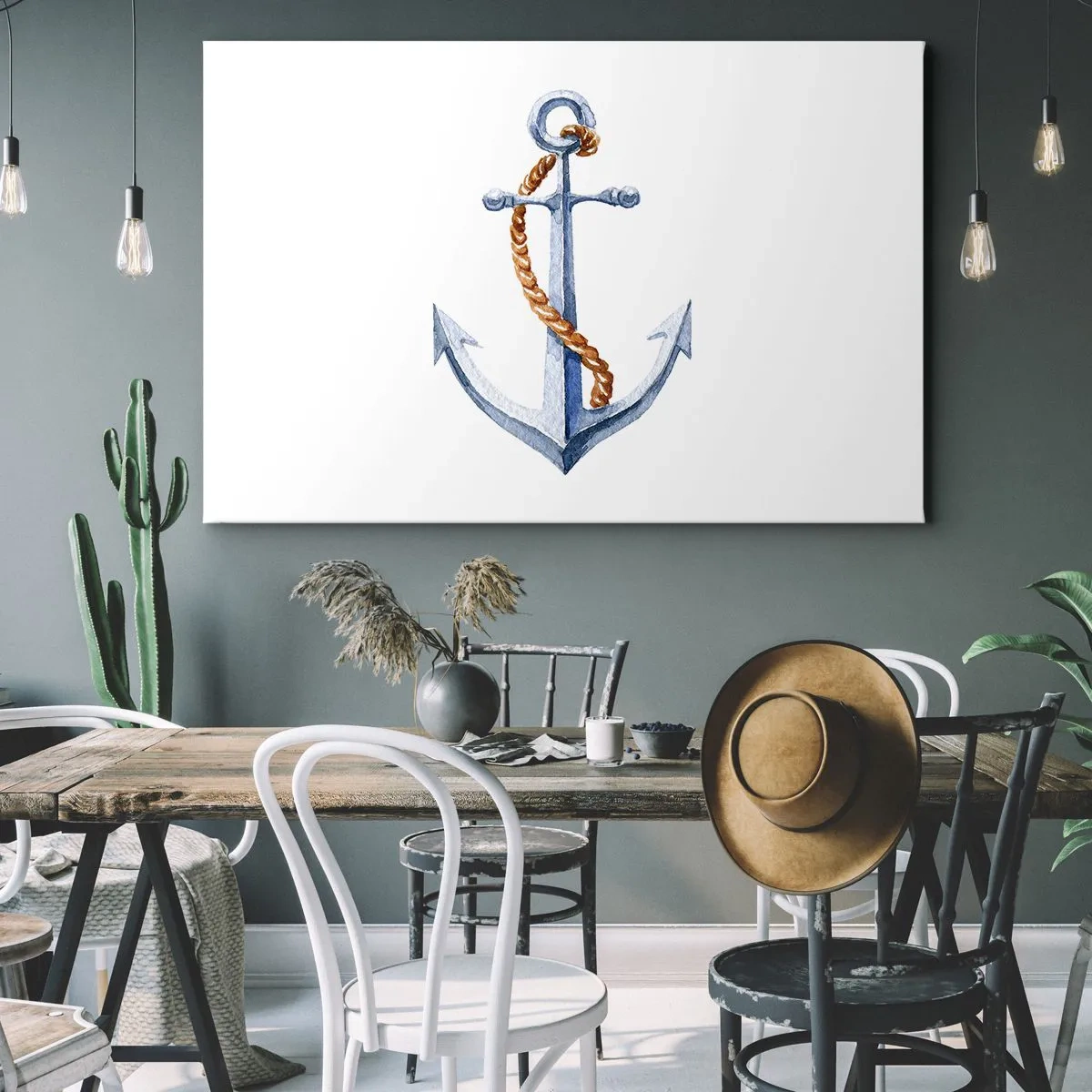 Canvastavla - Bild på duk - Ankare med rep i akvarellstil - 70x50cm - Heja äventyret! - Modern väggdekoration för vardagsrum och sovrum ARTTOR