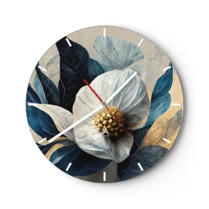 Väggklocka - Klocka på glas - Ett vitt blomsterarrangemang med marinblå blad och en guldfärgad mitt - 30x30cm - Har ett hjärta av guld - Modern väggdekoration för vardagsrum, kök och sovrum ARTTOR