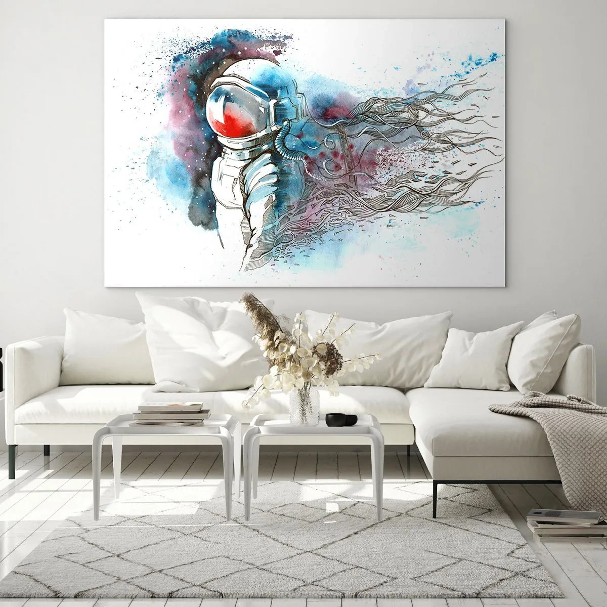 Glastavla - Bild på glas - Astronaut i en dynamisk akvarellrymdmiljö - 70x50cm - Ensam med rymden - Modern väggdekoration för vardagsrum och sovrum ARTTOR