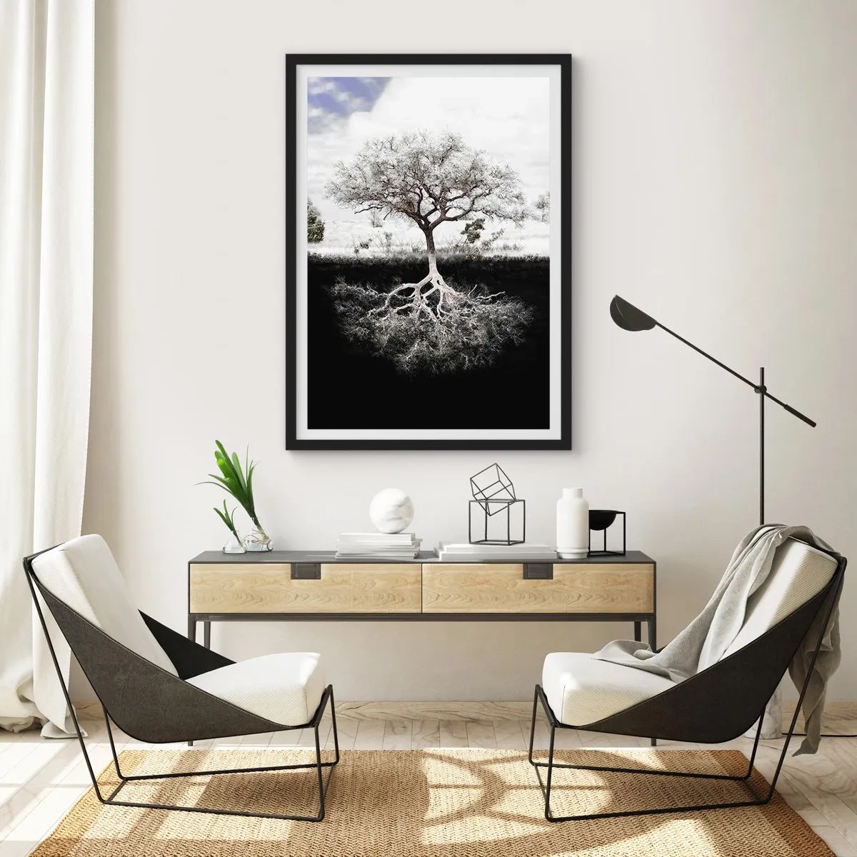 Affisch i svart ram - Ett minimalistiskt träd med ett synligt rotsystem - 50x70cm - Upptäckt av världens natur - Modern väggdekoration för vardagsrum och sovrum ARTTOR