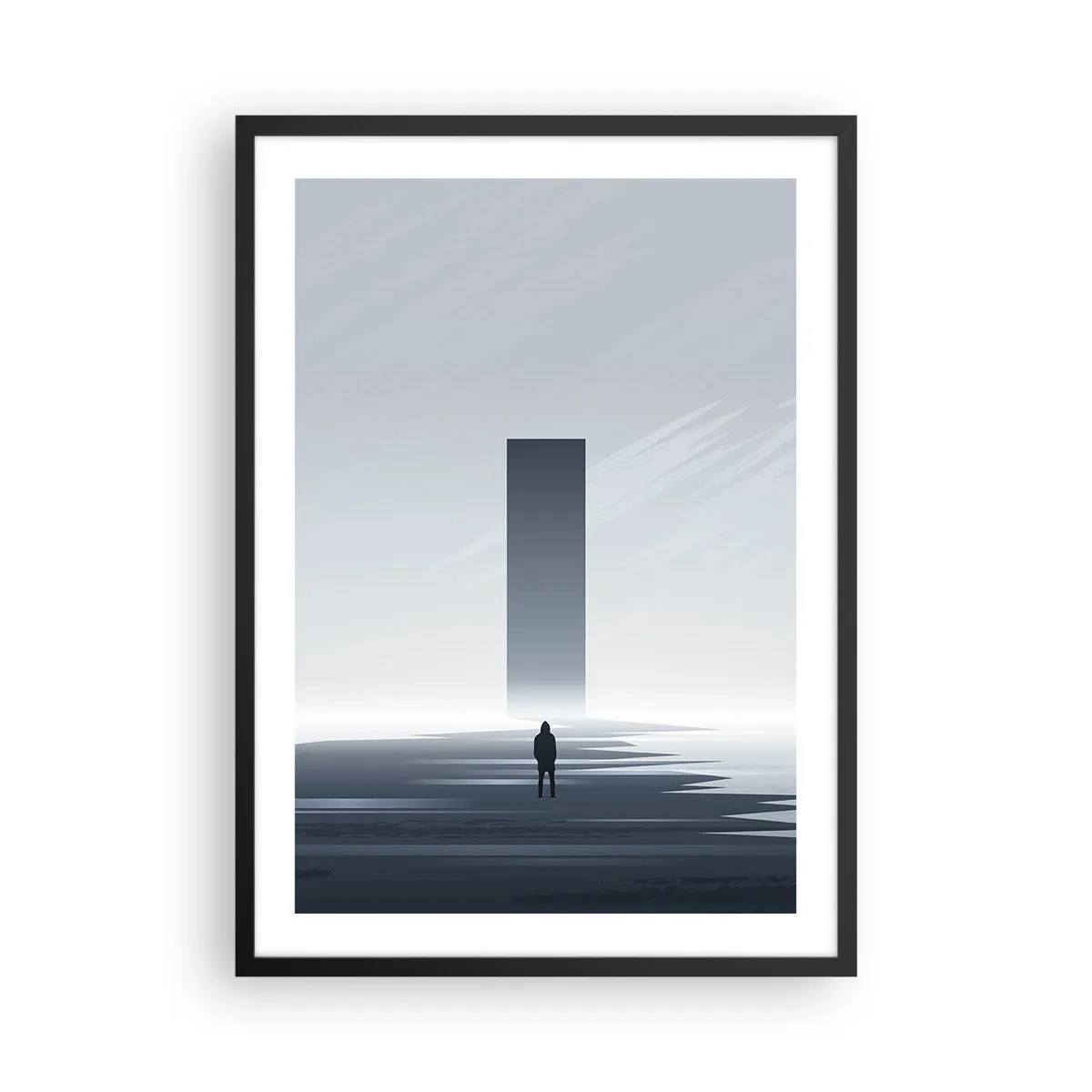 Affisch i svart ram - En minimalistisk scen med en mystisk monolit i kalla toner. - 50x70cm - Möjlighet eller hot? - Modern väggdekoration för vardagsrum och sovrum ARTTOR