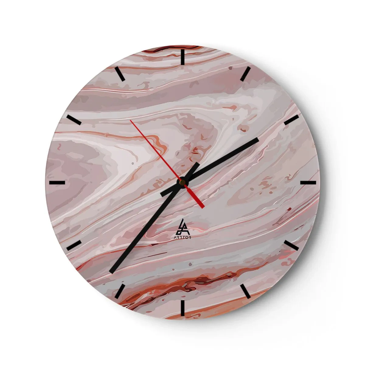 Väggklocka - Klocka på glas - Ett abstrakt marmorliknande mönster i nyanser av beige och rosa. - 30x30cm - Flytande rosa - Modern väggdekoration för vardagsrum, kök och sovrum ARTTOR