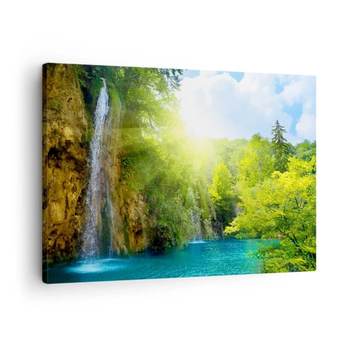 Canvastavla - Bild på duk - Ett vattenfall som rinner ner i en turkos sjö omgiven av grönska - 70x50cm - Det måste vara Eden - Modern väggdekoration för vardagsrum och sovrum ARTTOR