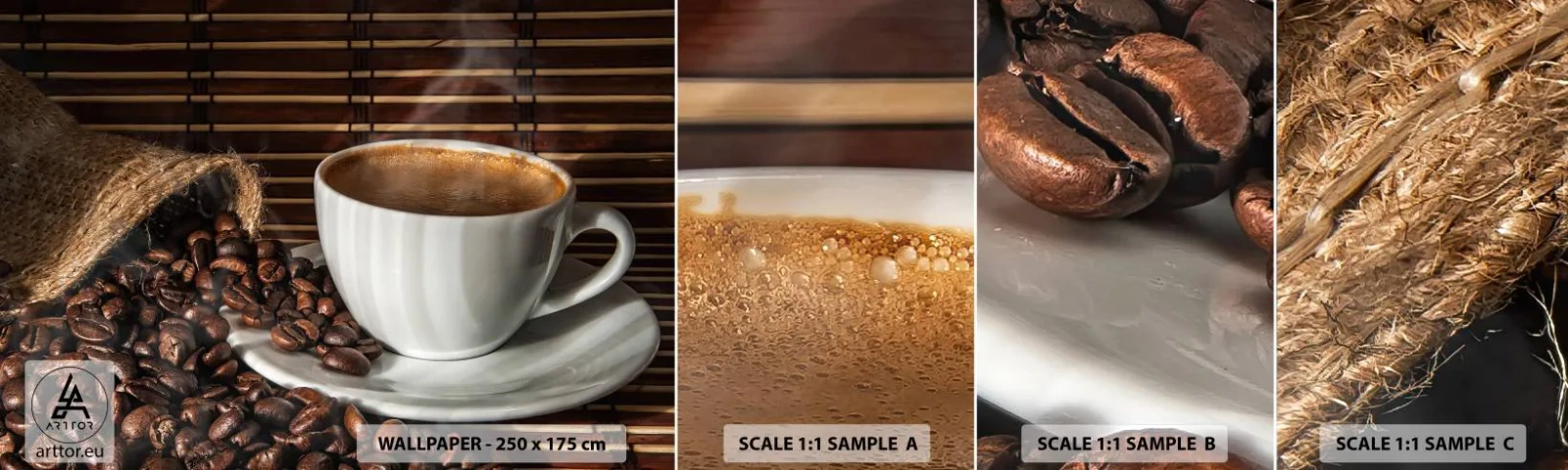 Fototapet Prov Standard Eco - Kolets svärta, bärnstenens transparens - Gastronomi, Kaffe, kopp kaffe - 100x30 cm