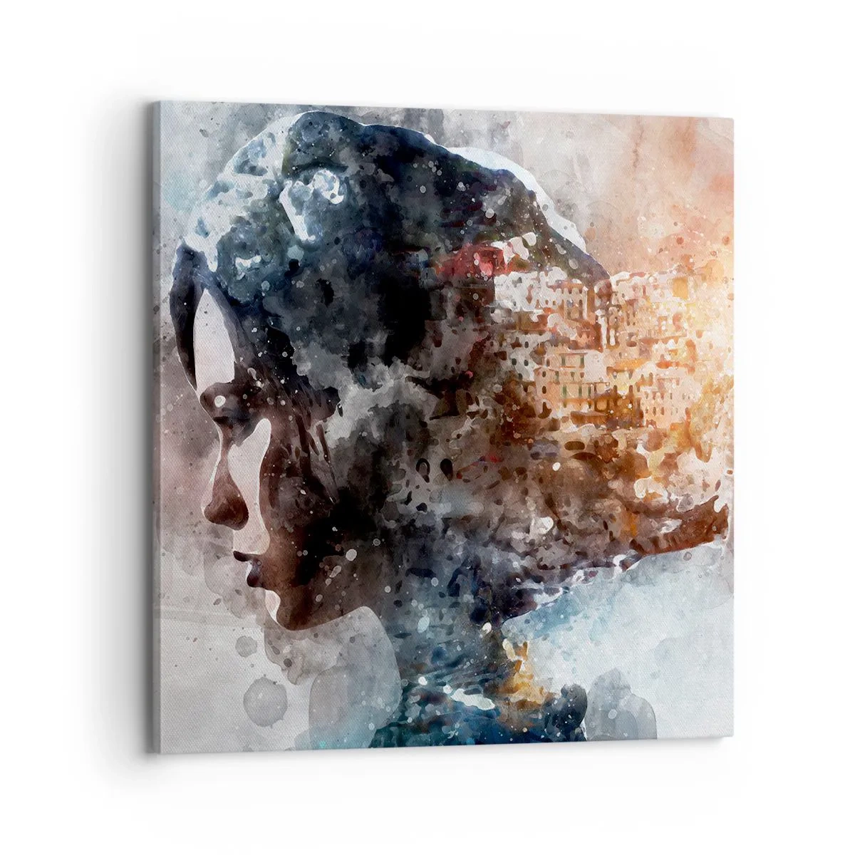 Canvastavla - Bild på duk - Berättelse om en tjej med en stad i bakgrunden - 70x70 cm