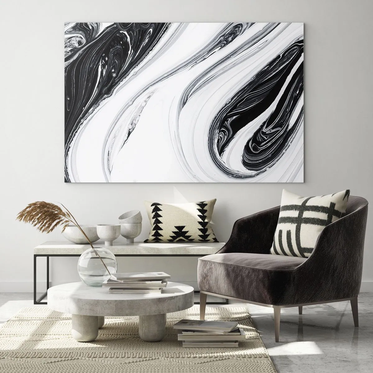 Glastavla - Bild på glas - Svarta och vita virvlande linjer som liknar marmor i abstrakt stil - 70x50cm - Motsatskombination - Modern väggdekoration för vardagsrum och sovrum ARTTOR