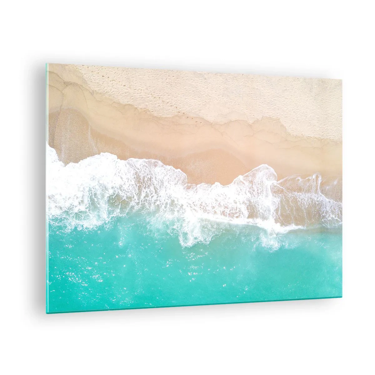 Glastavla - Bild på glas - Flygfoto över stranden med turkost vatten och vita vågor - 70x50cm - Smekande beröring - Modern väggdekoration för vardagsrum och sovrum ARTTOR