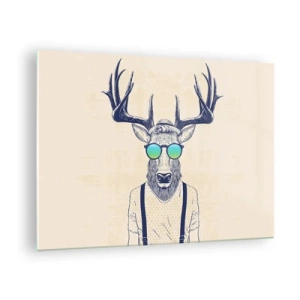Glastavla - Bild på glas - En elegant hjort i solglasögon mot en ljus bakgrund - 70x50cm - Och vem väntade du på? - Modern väggdekoration för vardagsrum och sovrum ARTTOR