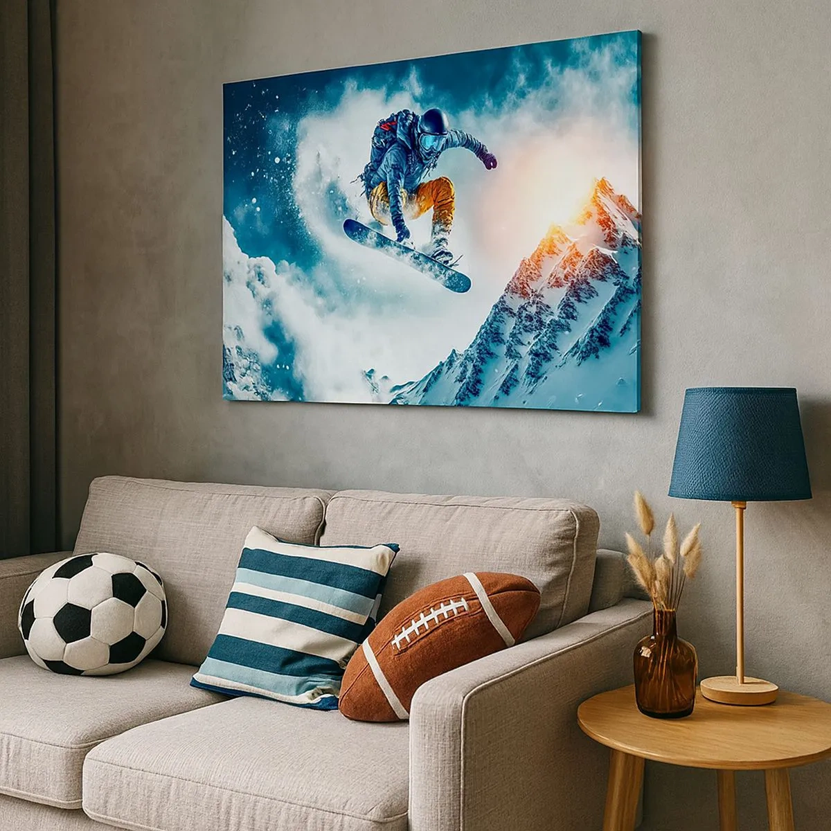 Canvastavla - Bild på duk - En snowboardåkare flyger över snötäckta berg - 70x50cm - Extrema känslor - Modern väggdekoration för vardagsrum och sovrum ARTTOR