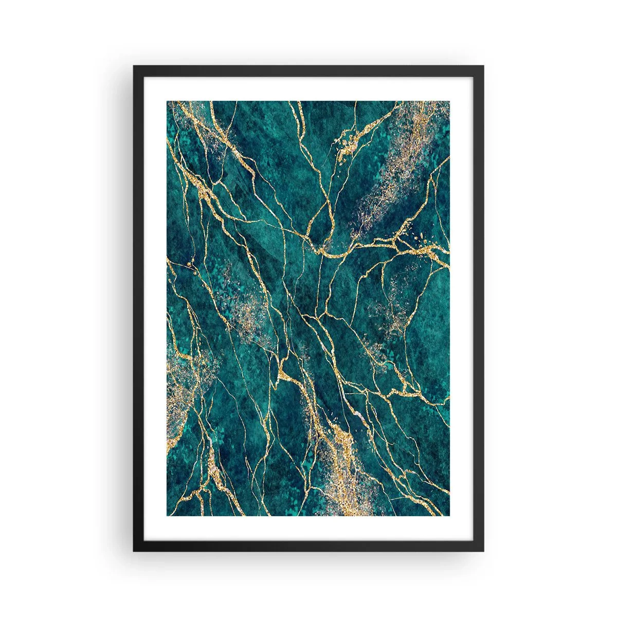 Affisch i svart ram - Abstrakta guldvener på en grön marmorbakgrund - 50x70cm - Guldåder - Modern väggdekoration för vardagsrum och sovrum ARTTOR