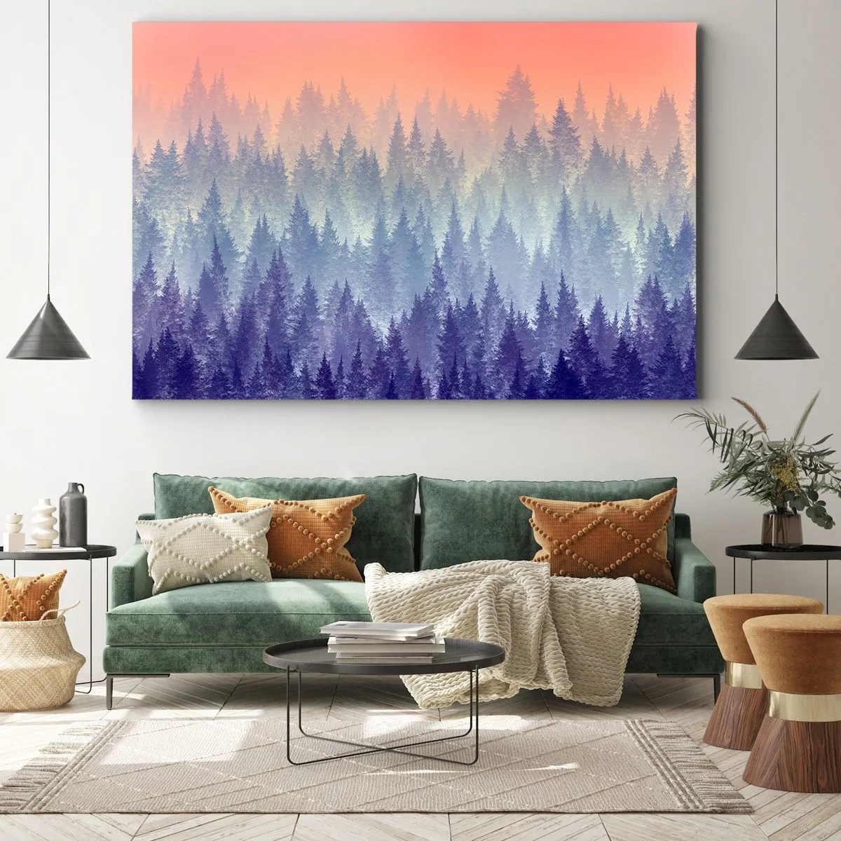 Canvastavla - Bild på duk - En dimmig skog i nyanser av lila och orange - 70x50cm - Högt, högre, upp till himlen - Modern väggdekoration för vardagsrum och sovrum ARTTOR
