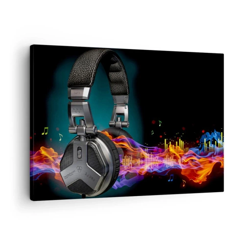 Canvastavla - Bild på duk - Svarta hörlurar med en färgglad musikvisualiseringseffekt - 70x50cm - I musikens eld - Modern väggdekoration för vardagsrum och sovrum ARTTOR