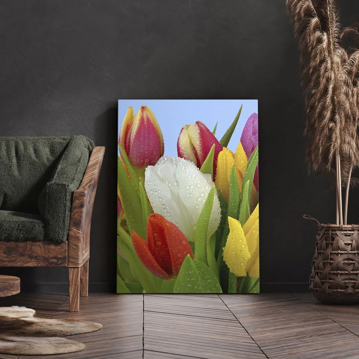 Canvastavla - Bild på duk - blommig regnbåge i daggdroppar - 50x70 cm